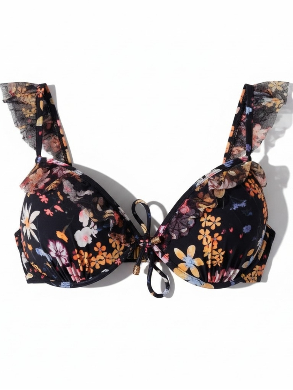 Time and Tru Black Floral Ruffle Strap Bikini Top
